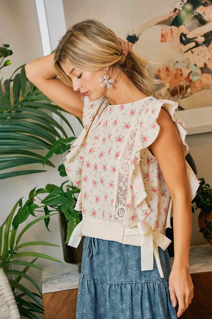 BiBi Flower Printed Ruffle Sleeve Trim Detail Top - Bitsy Gypsy Boutique