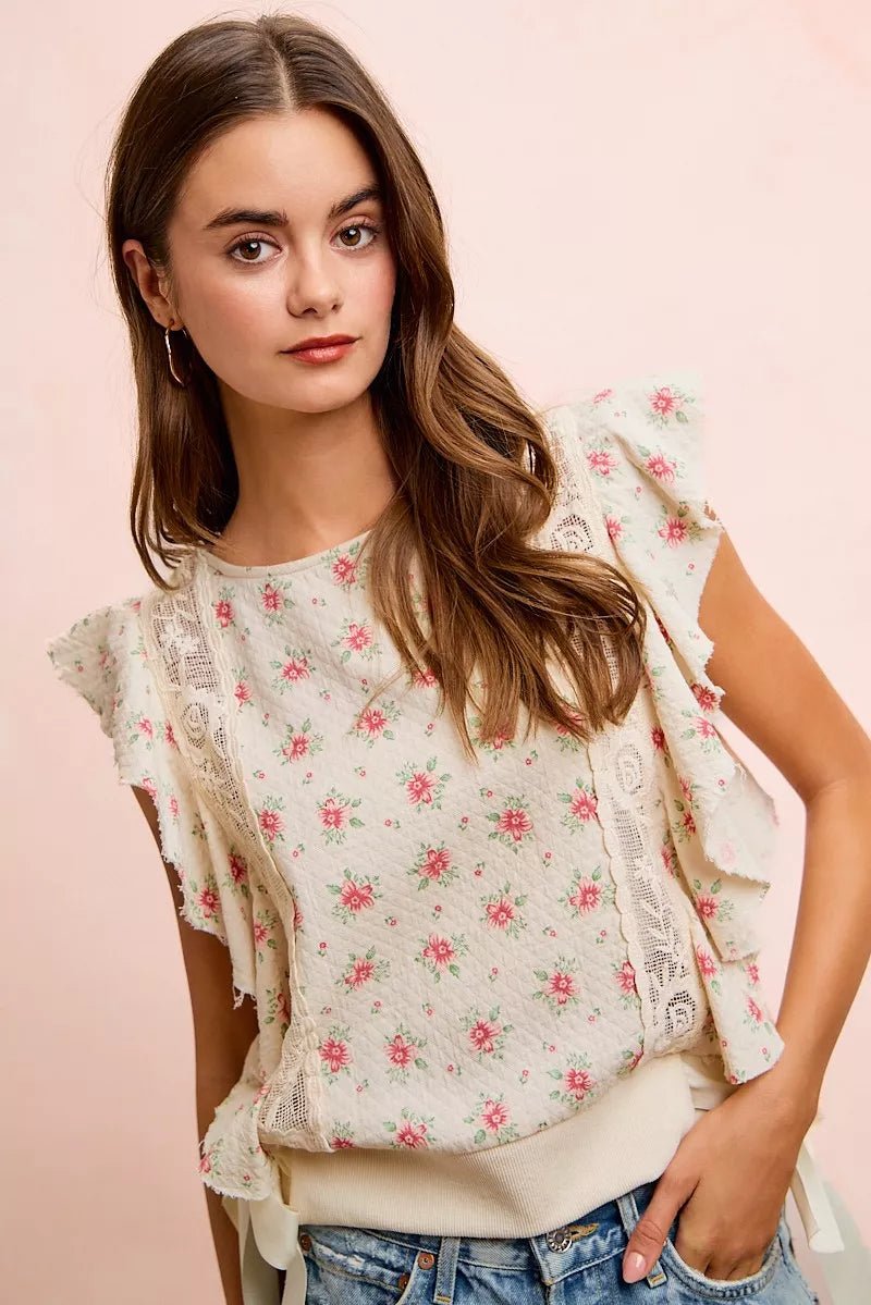 BiBi Flower Printed Ruffle Sleeve Trim Detail Top - Bitsy Gypsy Boutique
