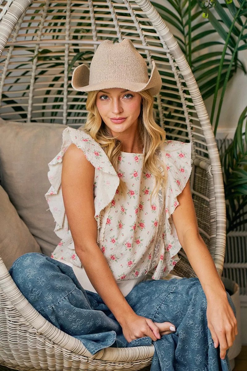 BiBi Flower Printed Ruffle Sleeve Trim Detail Top - Bitsy Gypsy Boutique