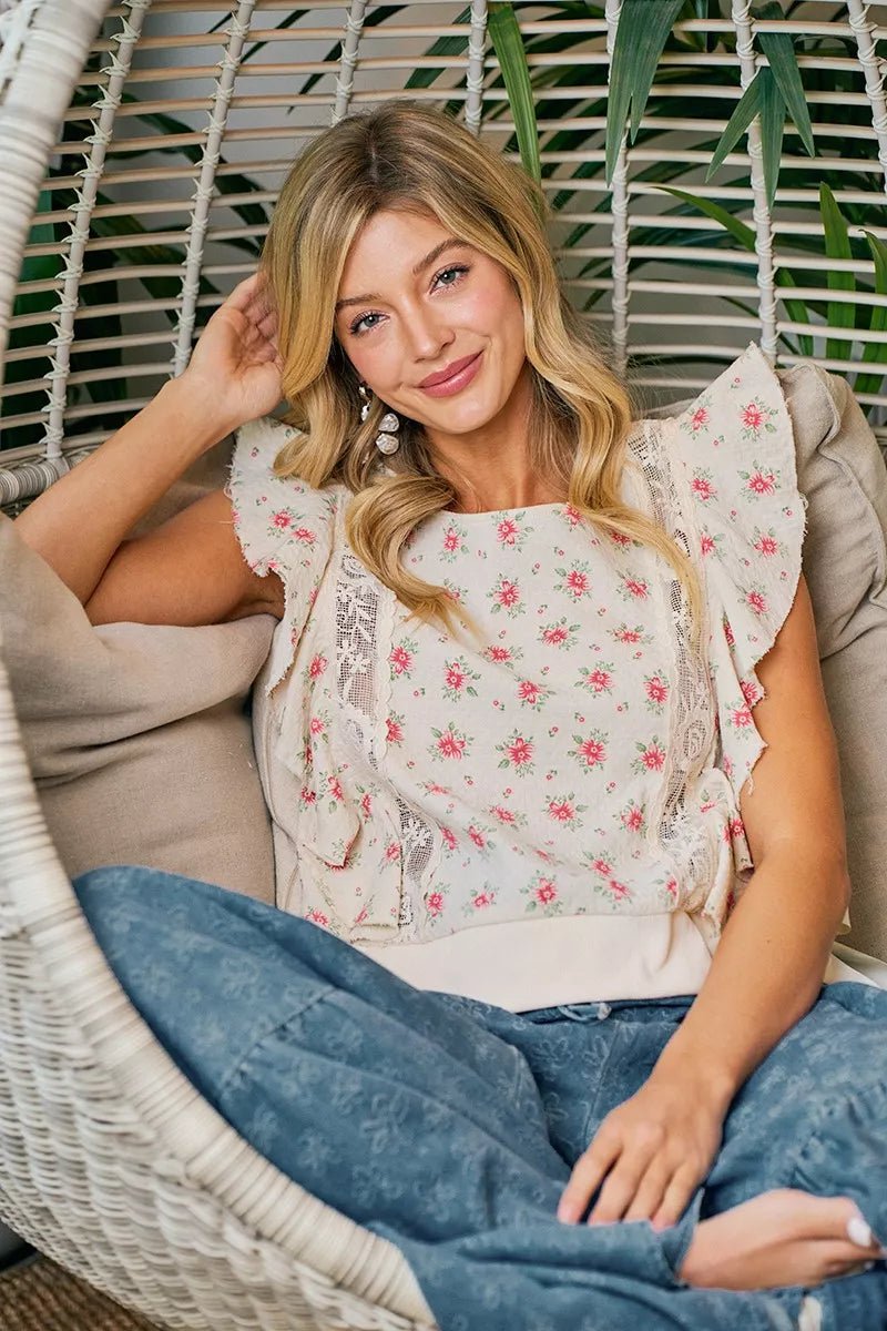 BiBi Flower Printed Ruffle Sleeve Trim Detail Top - Bitsy Gypsy Boutique