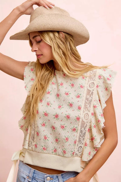 BiBi Flower Printed Ruffle Sleeve Trim Detail Top - Bitsy Gypsy Boutique