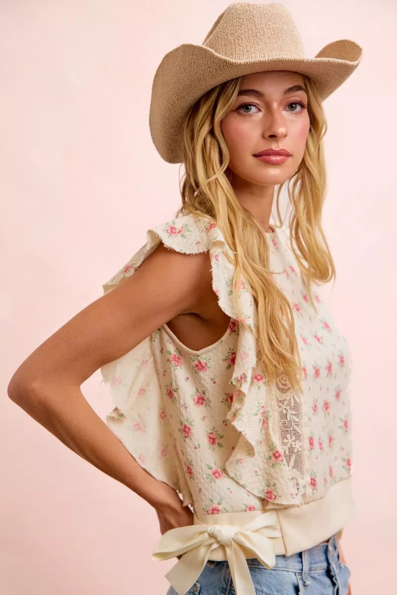 BiBi Flower Printed Ruffle Sleeve Trim Detail Top - Bitsy Gypsy Boutique