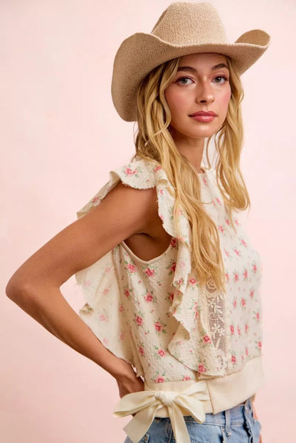 BiBi Flower Printed Ruffle Sleeve Trim Detail Top - Bitsy Gypsy Boutique