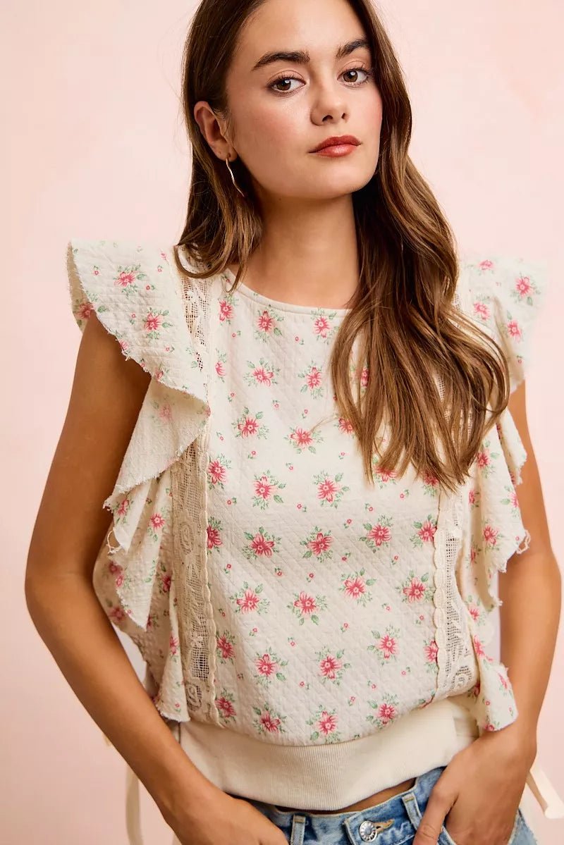 BiBi Flower Printed Ruffle Sleeve Trim Detail Top - Bitsy Gypsy Boutique