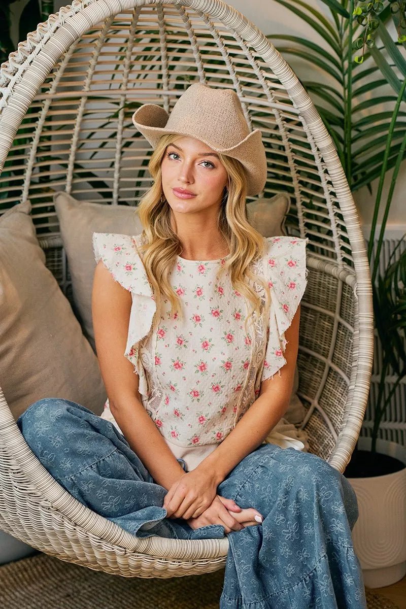 BiBi Flower Printed Ruffle Sleeve Trim Detail Top - Bitsy Gypsy Boutique