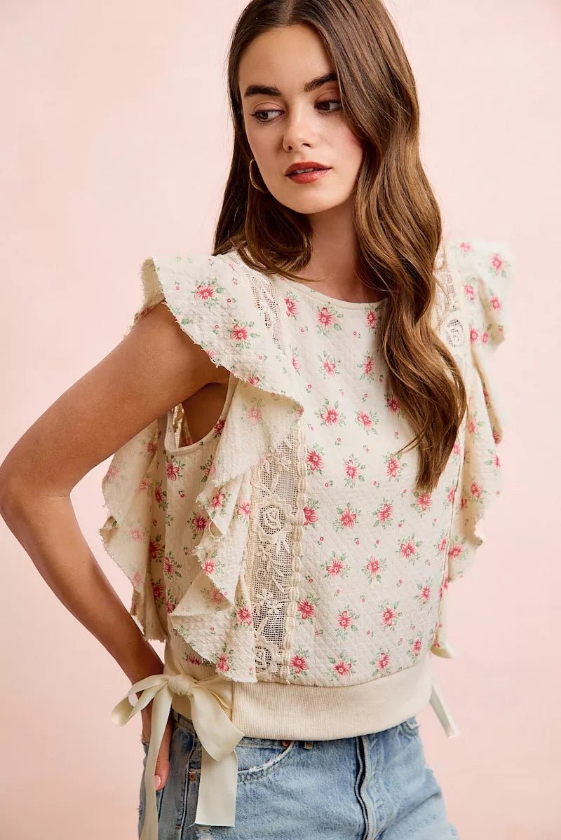 BiBi Flower Printed Ruffle Sleeve Trim Detail Top - Bitsy Gypsy Boutique
