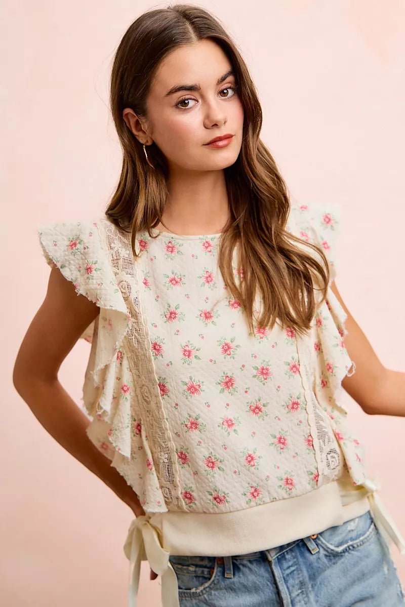 BiBi Flower Printed Ruffle Sleeve Trim Detail Top - Bitsy Gypsy Boutique