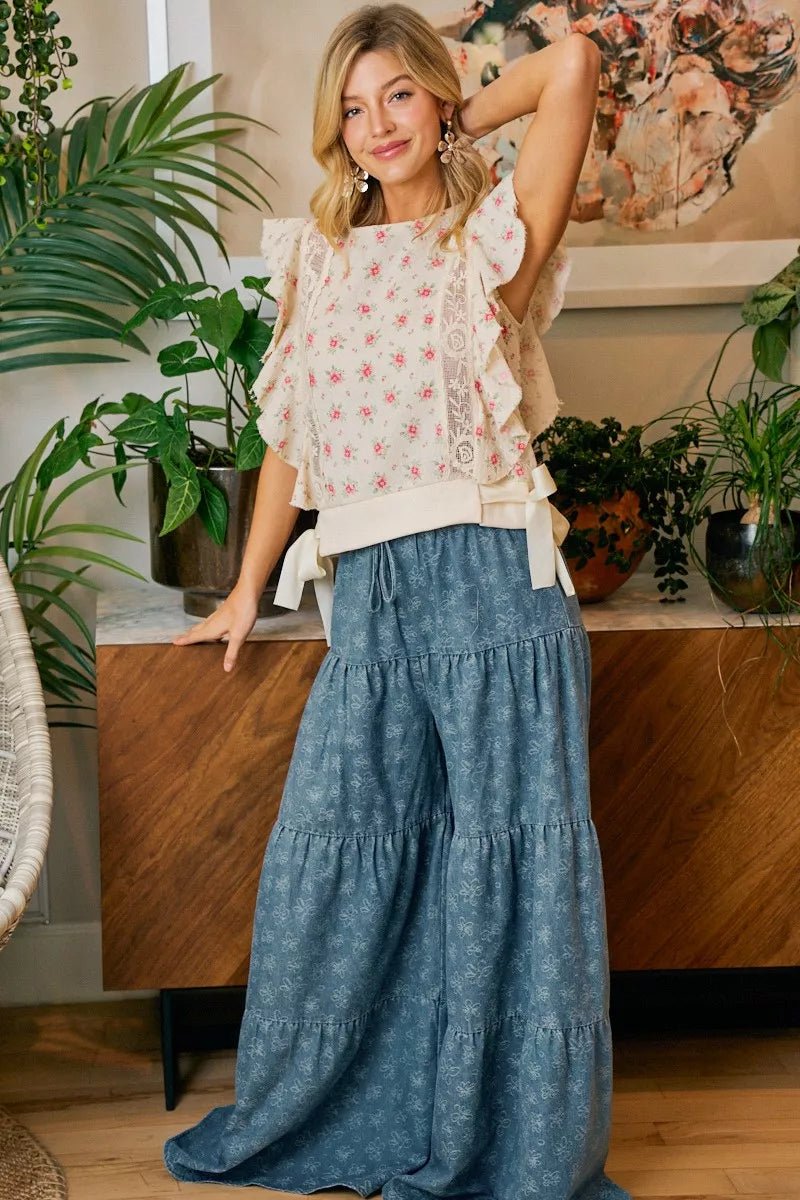 BiBi Flower Printed Ruffle Sleeve Trim Detail Top - Bitsy Gypsy Boutique