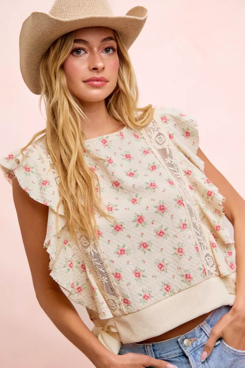 BiBi Flower Printed Ruffle Sleeve Trim Detail Top - Bitsy Gypsy Boutique