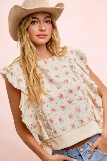 BiBi Flower Printed Ruffle Sleeve Trim Detail Top - Bitsy Gypsy Boutique