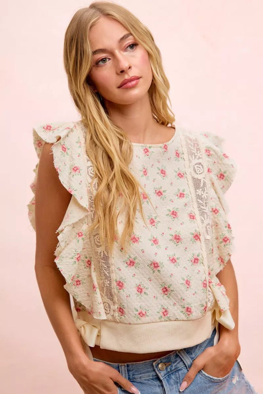 BiBi Flower Printed Ruffle Sleeve Trim Detail Top - Bitsy Gypsy Boutique