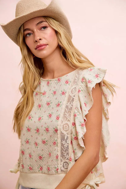 BiBi Flower Printed Ruffle Sleeve Trim Detail Top - Bitsy Gypsy Boutique