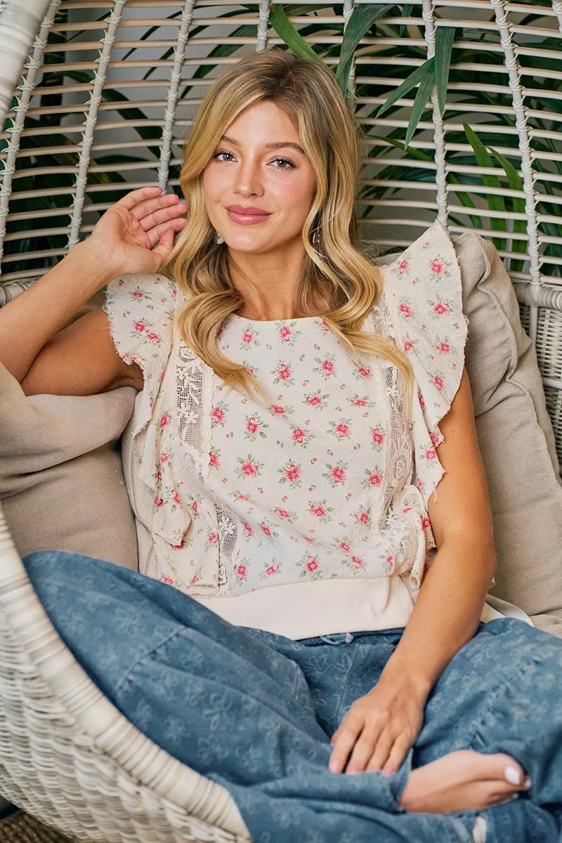 BiBi Flower Printed Ruffle Sleeve Trim Detail Top - Bitsy Gypsy Boutique
