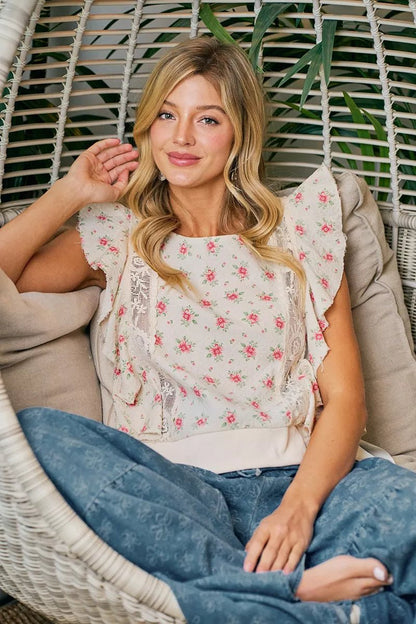 BiBi Flower Printed Ruffle Sleeve Trim Detail Top - Bitsy Gypsy Boutique