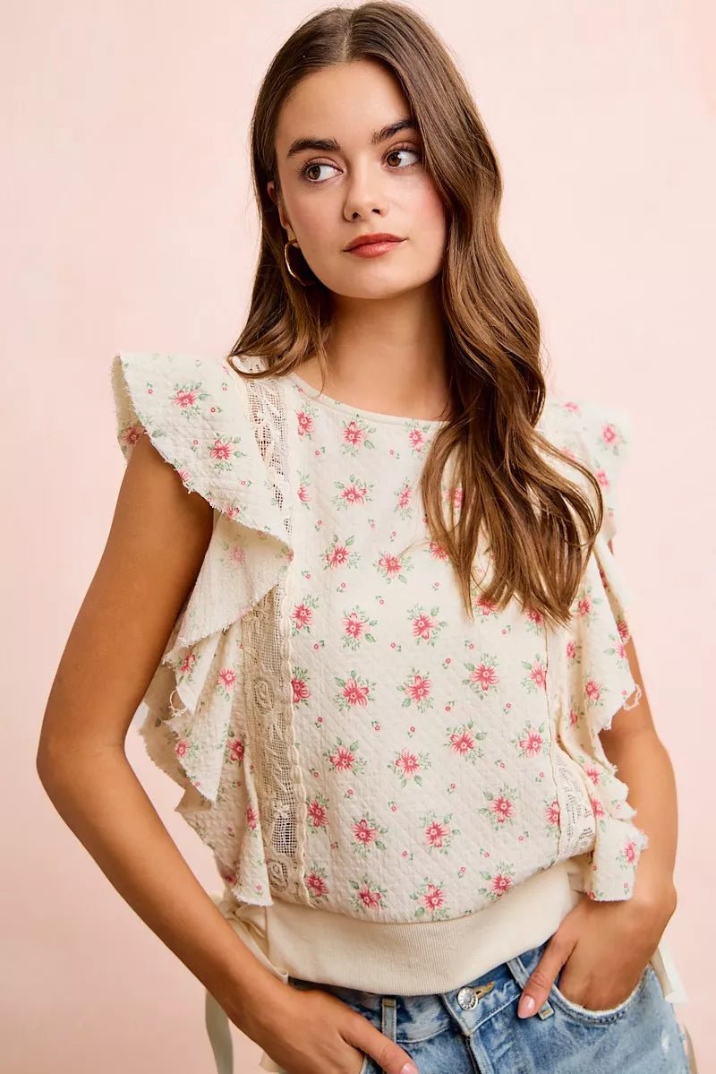 BiBi Flower Printed Ruffle Sleeve Trim Detail Top - Bitsy Gypsy Boutique