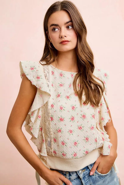 BiBi Flower Printed Ruffle Sleeve Trim Detail Top - Bitsy Gypsy Boutique