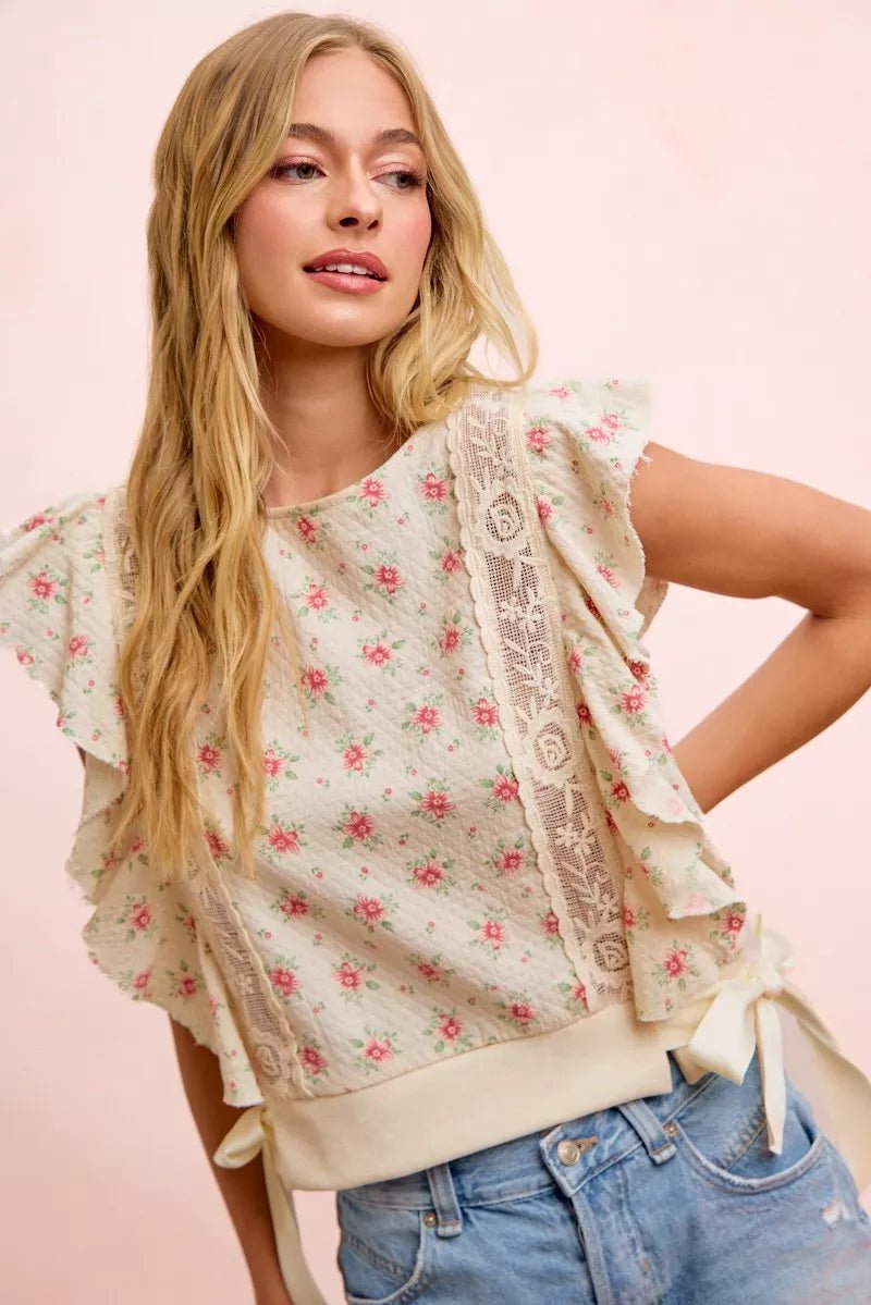 BiBi Flower Printed Ruffle Sleeve Trim Detail Top - Bitsy Gypsy Boutique