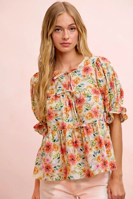 BiBi Flower Printed Shirring Detail Blouse Top - Bitsy Gypsy Boutique