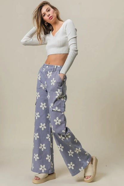 BiBi Flower Printed Side Pocket Wide Pants - Bitsy Gypsy Boutique