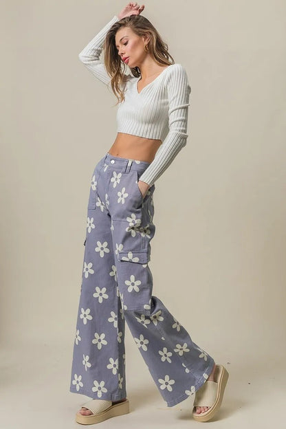 BiBi Flower Printed Side Pocket Wide Pants - Bitsy Gypsy Boutique