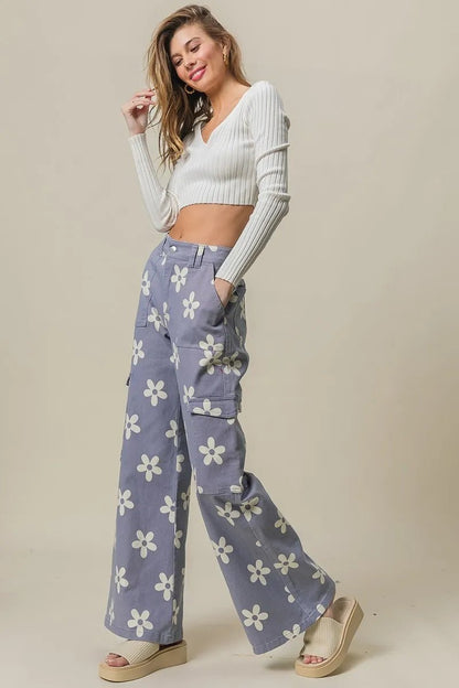 BiBi Flower Printed Side Pocket Wide Pants - Bitsy Gypsy Boutique