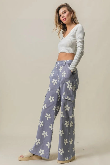 BiBi Flower Printed Side Pocket Wide Pants - Bitsy Gypsy Boutique