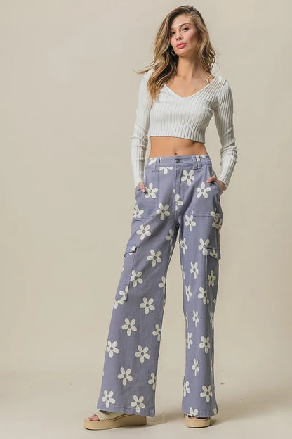 BiBi Flower Printed Side Pocket Wide Pants - Bitsy Gypsy Boutique