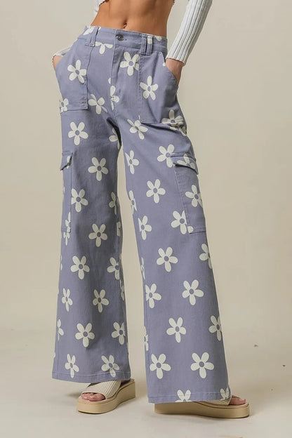 BiBi Flower Printed Side Pocket Wide Pants - Bitsy Gypsy Boutique