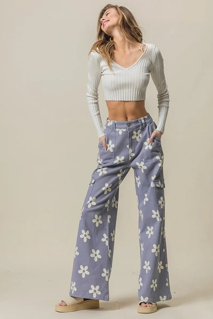 BiBi Flower Printed Side Pocket Wide Pants - Bitsy Gypsy Boutique
