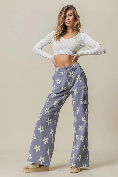 BiBi Flower Printed Side Pocket Wide Pants - Bitsy Gypsy Boutique