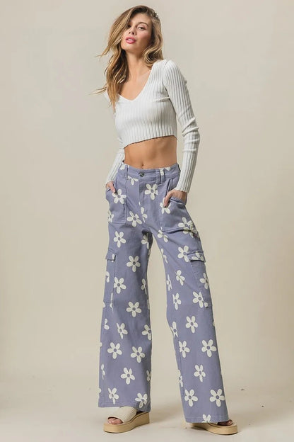 BiBi Flower Printed Side Pocket Wide Pants - Bitsy Gypsy Boutique