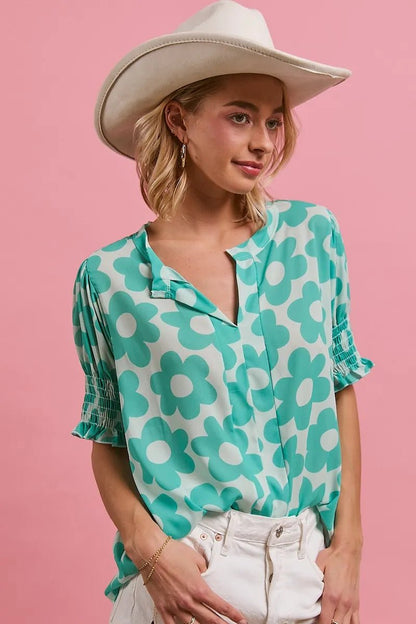 BiBi Flower Printed Woven Smocking Sleeves V Neck Top - Bitsy Gypsy Boutique