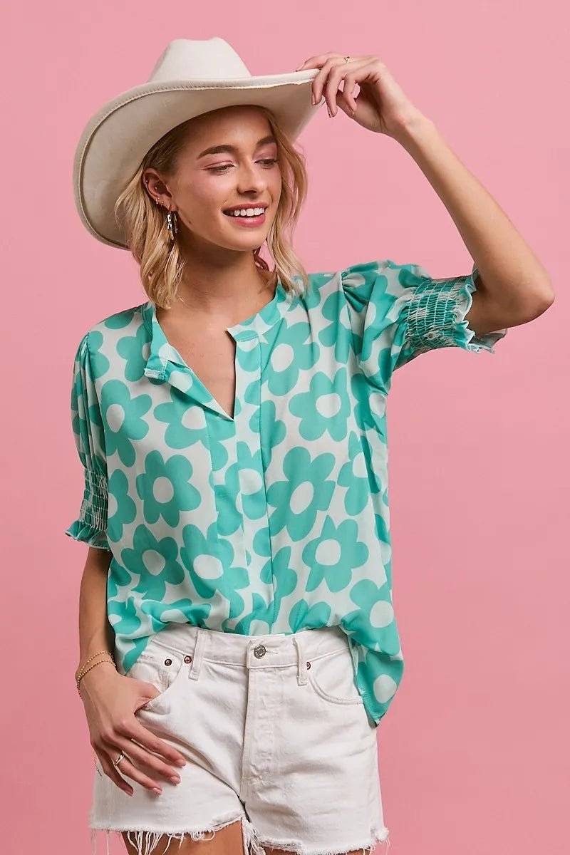 BiBi Flower Printed Woven Smocking Sleeves V Neck Top - Bitsy Gypsy Boutique