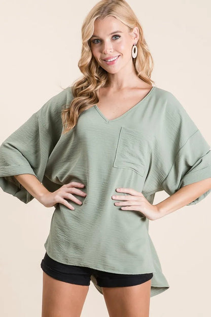 BiBi Flowy Woven V - Neck Top with Rolled Up Cuffs - Bitsy Gypsy Boutique
