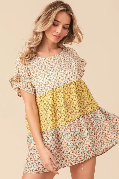 BiBi Flroal Printed Woven Color Block and Tiered Top - Bitsy Gypsy Boutique