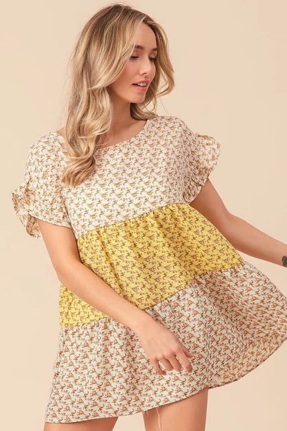 BiBi Flroal Printed Woven Color Block and Tiered Top - Bitsy Gypsy Boutique