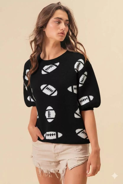 BiBi Football Pattern Short Sleeve Sweater - Bitsy Gypsy Boutique
