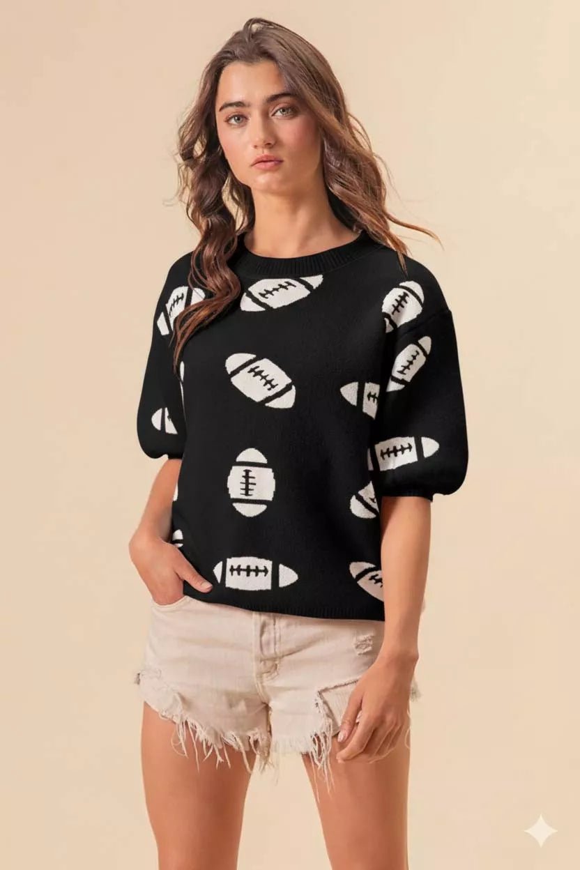 BiBi Football Pattern Short Sleeve Sweater - Bitsy Gypsy Boutique