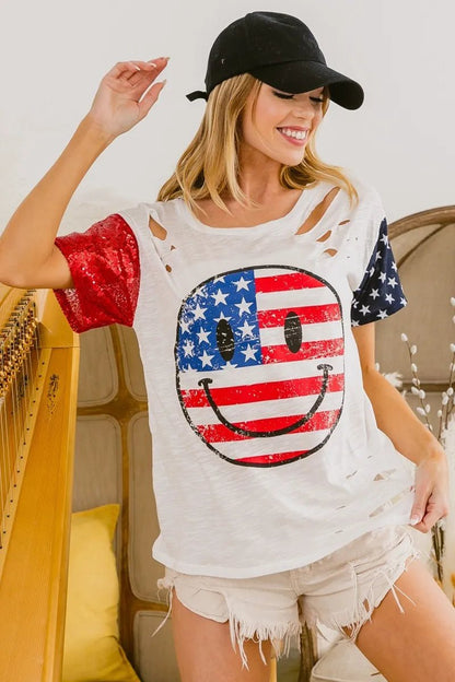 BiBi Fourth Of July Top With Laser Cut And Smile Face - Bitsy Gypsy Boutique