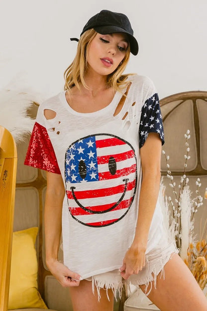BiBi Fourth Of July Top With Laser Cut And Smile Face - Bitsy Gypsy Boutique