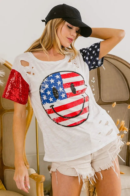 BiBi Fourth Of July Top With Laser Cut And Smile Face - Bitsy Gypsy Boutique
