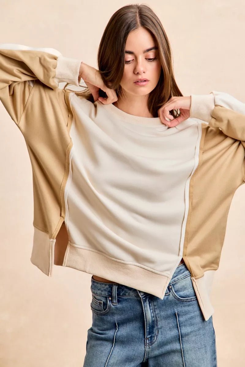 BiBi French Terry Color Block Top With Open Seam Detail - Bitsy Gypsy Boutique