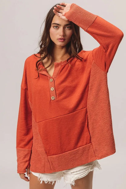 BiBi French Terry Knit Side Block Buttoned Henley Top - Bitsy Gypsy Boutique