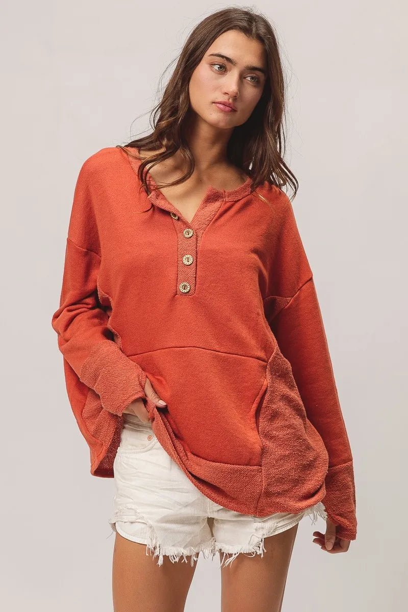 BiBi French Terry Knit Side Block Buttoned Henley Top - Bitsy Gypsy Boutique