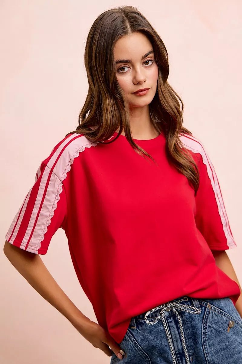 BiBi French Terry Side Lace Detail Short Sleeves Top - Bitsy Gypsy Boutique