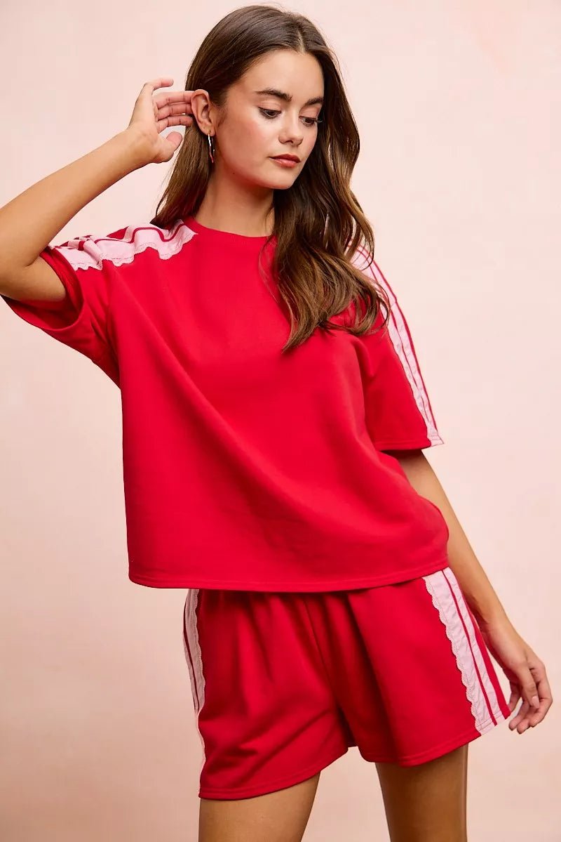 BiBi French Terry Side Lace Detail Short Sleeves Top - Bitsy Gypsy Boutique