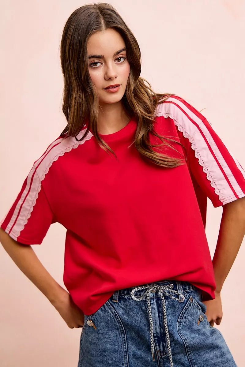 BiBi French Terry Side Lace Detail Short Sleeves Top - Bitsy Gypsy Boutique