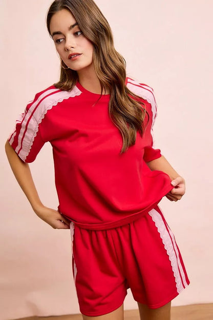 BiBi French Terry Side Lace Detail Short Sleeves Top - Bitsy Gypsy Boutique