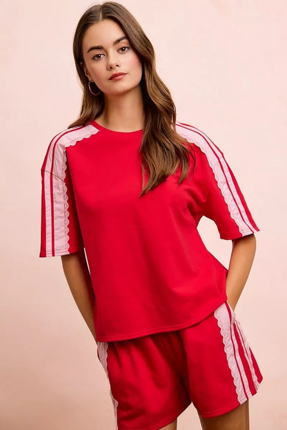 BiBi French Terry Side Lace Detail Short Sleeves Top - Bitsy Gypsy Boutique
