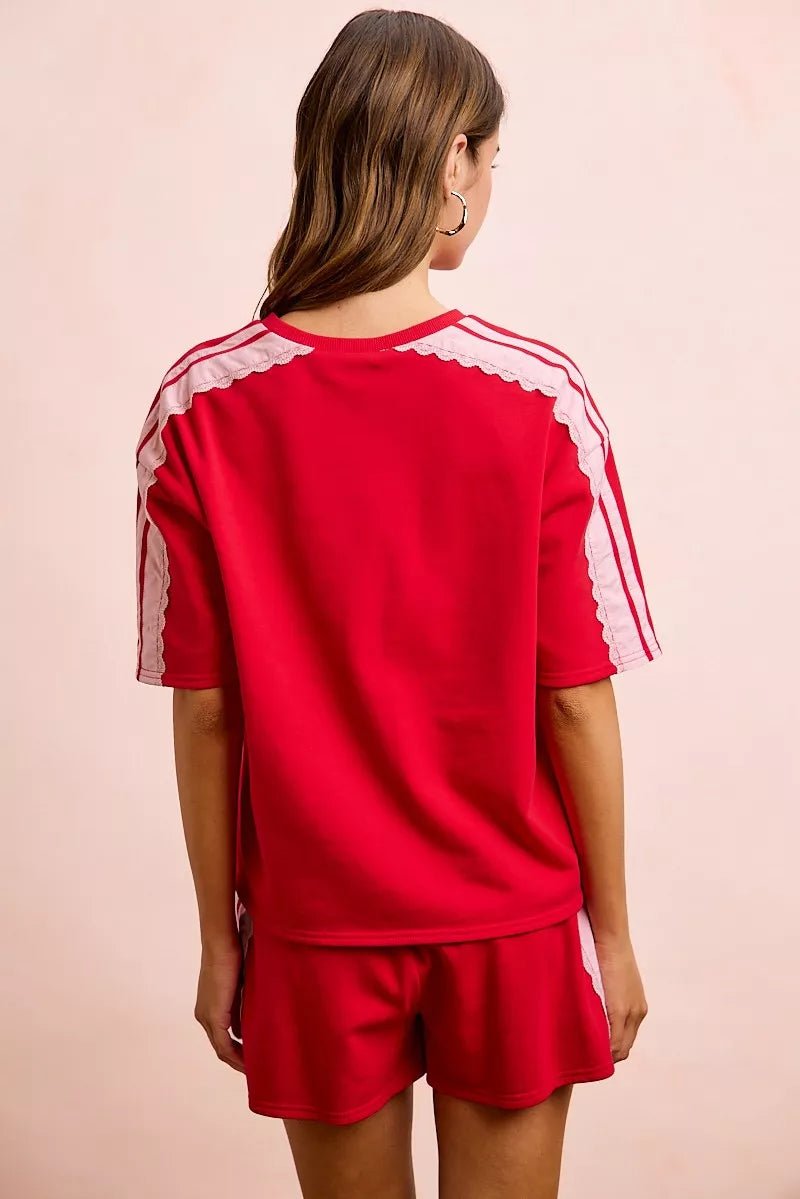 BiBi French Terry Side Lace Detail Short Sleeves Top - Bitsy Gypsy Boutique